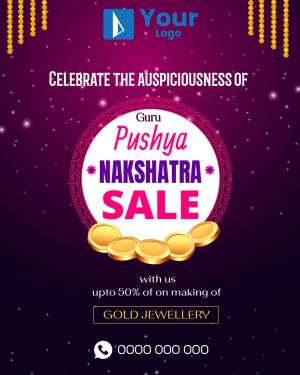 Promotional graphic for Guru Pushya Nakshatra Sale offering discounts on gold jewellery.