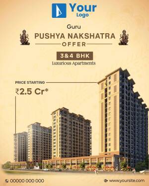 Real estate advertisement for 3 & 4 BHK apartments in Pushya Nakshatra
