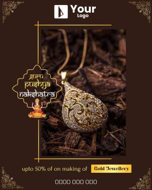 Gold pendant with diamond detailing and promotional text for Guru Pushya Nakshatra sale.
