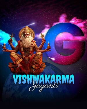 Digital art depicting Lord Vishwakarma with a large letter 'G' and cosmic background.