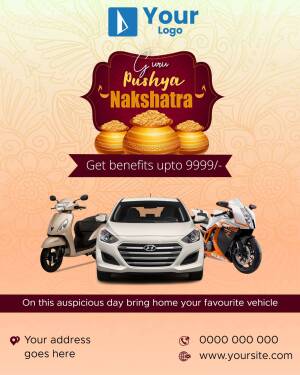 Promotional image for vehicle offers during Pushya Nakshatra