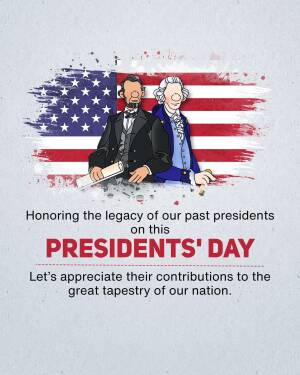 Illustration of Abraham Lincoln and George Washington with an American flag background for Presidents' Day.
