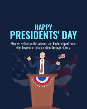 Illustration of a president giving a speech with an American flag and map in the background for Presidents' Day.