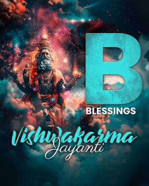 Digital art depicting Lord Vishwakarma with the letter 'B' and festive text.