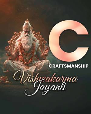 Vishwakarma Jayanti celebration poster with a deity and the word 'Craftsmanship'