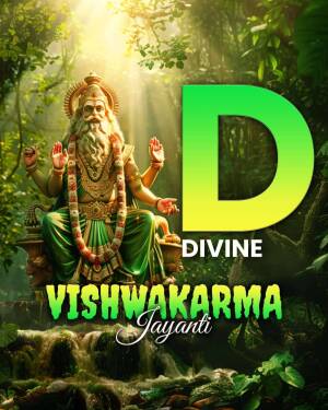 Image depicting Lord Vishwakarma with the letter 'D' and Vishwakarma Jayanti text.