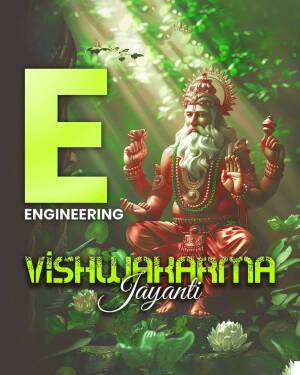 Image depicting Lord Vishwakarma with the letter 'E' for Engineering and text 'Vishwakarma Jayanti'