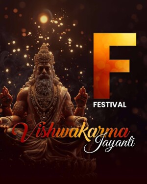 Image depicting Lord Vishwakarma with the text 'Vishwakarma Jayanti' and a large letter 'F'