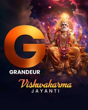 Vishwakarma Jayanti poster with Lord Vishwakarma and the letter G
