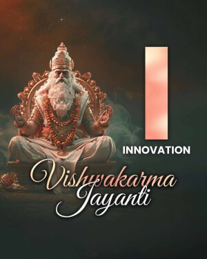 Image depicting Lord Vishwakarma on a throne with the text 'Vishwakarma Jayanti' and 'Innovation'.
