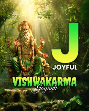 Image depicting Lord Vishwakarma with the letter 'J' and 'Joyful Vishwakarma Jayanti' text.