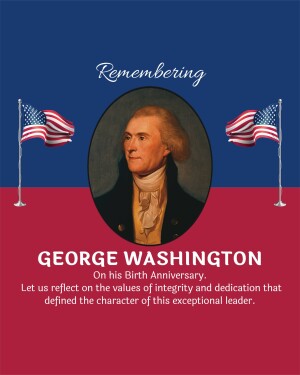Portrait of George Washington with American flags on a red, white, and blue background