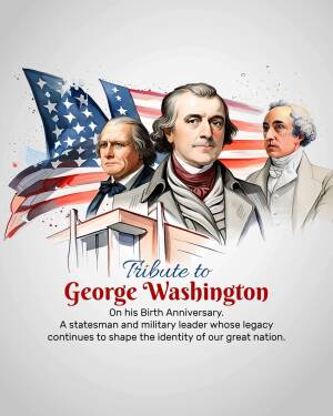 Portrait of George Washington with American flag and White House in the background