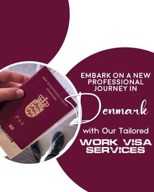 Image of a Danish passport with text promoting work visa services in Denmark.