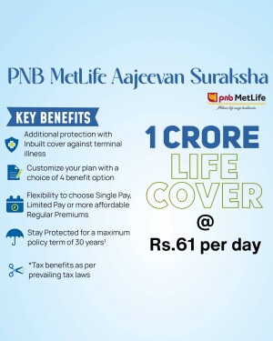 Infographic advertising PNB MetLife Aajeevan Suraksha life insurance plan with 1 Crore life cover at Rs. 61 per day.