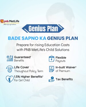 PNB MetLife Genius Plan advertisement for child education savings.