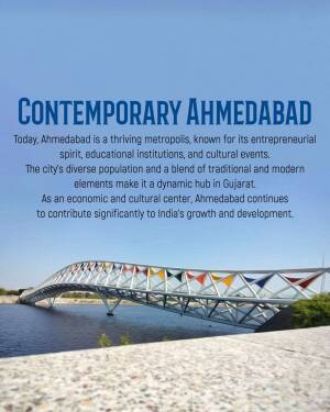Image of the Science City Bridge in Ahmedabad with text about the city's growth.