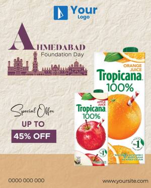 Promotional image for Ahmedabad Foundation Day with Tropicana juice offer.