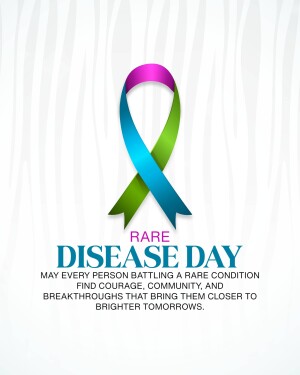 A ribbon with colors transitioning from green to blue to purple, symbolizing Rare Disease Day, with the text 'Rare Disease Day' and a message of hope.
