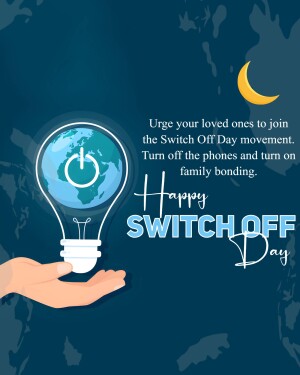 Illustration of a hand holding a lightbulb containing the Earth with a power button, promoting Switch Off Day.