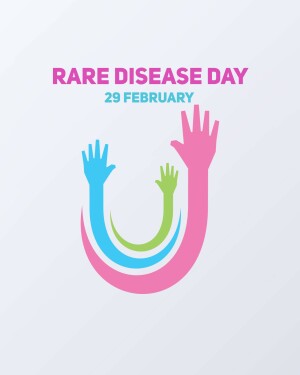 Image promoting Rare Disease Day with raised hands in various colors forming a ribbon shape.