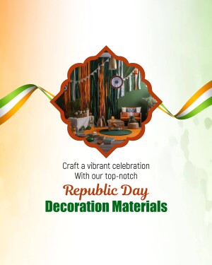 Republic Day decoration materials advertisement with a festive interior scene.