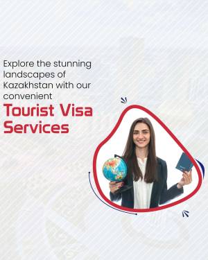 Woman holding a globe and passport with text promoting Kazakhstan Tourist Visa Services