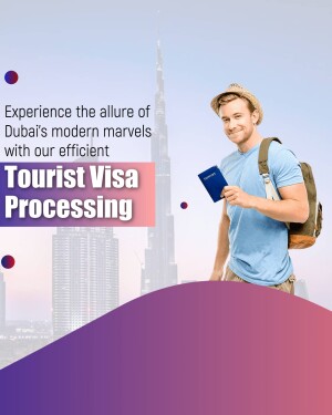 Man with backpack and passport in front of Burj Khalifa promoting Dubai Tourist Visa