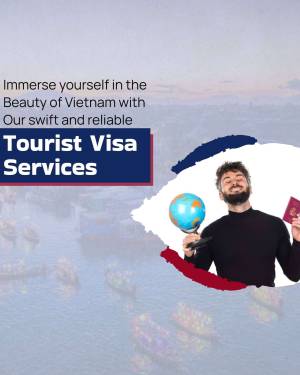Man holding a globe and passport with Vietnam map background, promoting tourist visa services.
