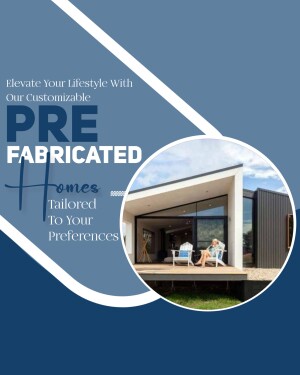 Modern prefabricated home with a woman relaxing on the porch