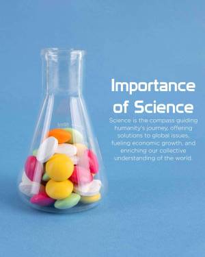A glass flask filled with colorful candies with the text 'Importance of Science' displayed.