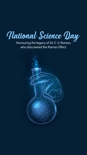 National Science Day graphic with a glowing flask and text honoring Sir C.V. Raman.