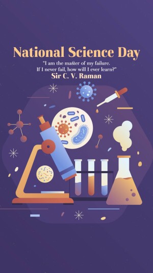 National Science Day graphic with science equipment and a quote by Sir C. V. Raman