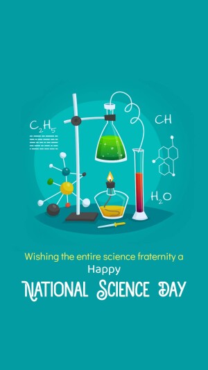 Illustration of laboratory equipment and chemical formulas for National Science Day