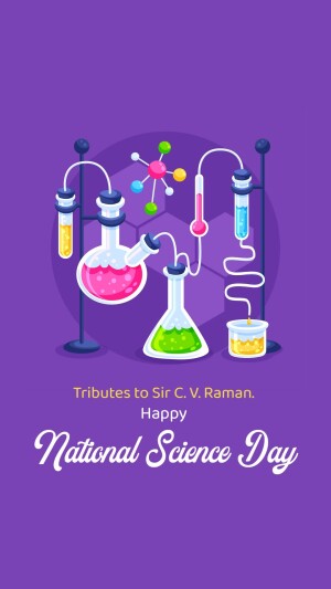 Illustration of laboratory equipment with text celebrating National Science Day and honoring Sir C.V. Raman.