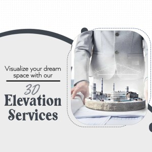 3D architectural rendering of a building with a person holding blueprints