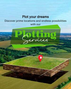 Image showcasing land plotting services with a scenic view and a location pin.