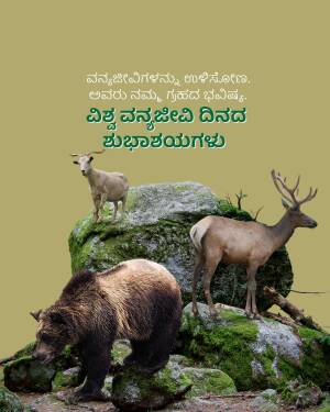 A bear, deer, and goat on a rocky mountain landscape with text in Kannada.