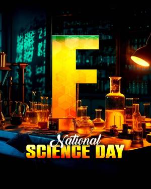 A vibrant illustration of the letter 'F' glowing with a hexagonal pattern, set in a laboratory environment with beakers and flasks, celebrating National Science Day.