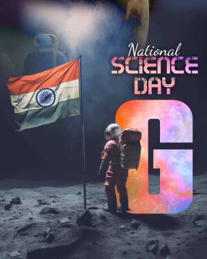 National Science Day poster with Indian flag, astronaut, and space background