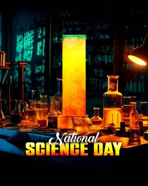A laboratory setup with glowing beakers and the text 'National Science Day'