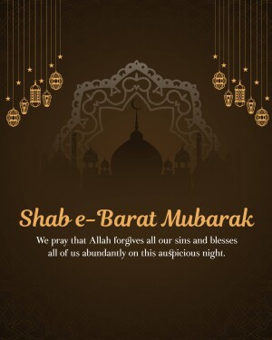 Shab-e-Barat Mubarak card with mosque silhouette and lanterns