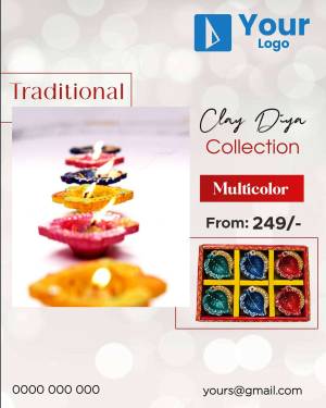 A promotional image showcasing a colorful collection of traditional clay diyas (oil lamps) for Diwali or festive occasions.