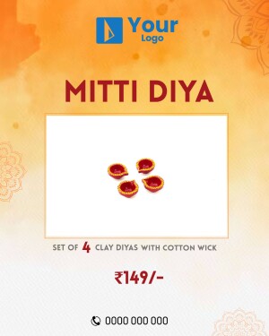 Set of four traditional clay diyas with cotton wicks, perfect for Diwali or festive decorations.