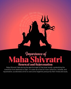 Silhouette of Lord Shiva meditating against a vibrant red and purple gradient background with text about Maha Shivratri.
