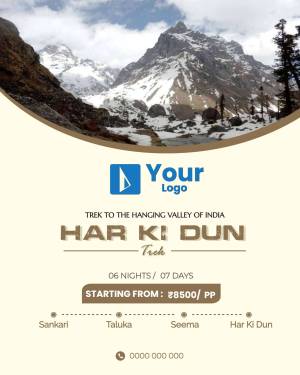 Promotional poster for a Har Ki Dun trek in India, featuring a snow-capped mountain and trek details.