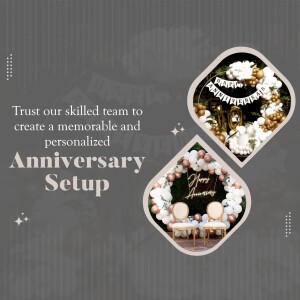 Anniversary balloon setup with floral arrangements and celebratory banners.