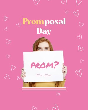 Young woman holding a prom proposal sign asking 'Prom?' with a yes/no checkbox.