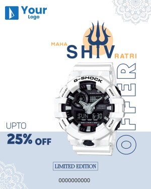 White G-Shock watch with Maha Shivratri themed design and discount offer.