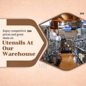 Image of a warehouse with utensils on display, advertising competitive prices.